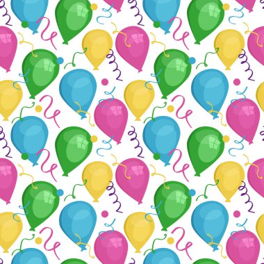 Kusursuz vektör deseni. Farklı renk ve boyutlarda balonlar ve konfeti..