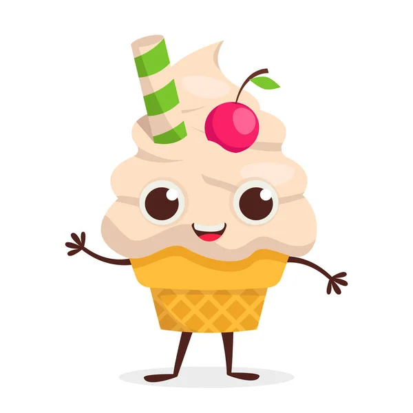 stock vector Cute dessert character Vanilla ice cream in a cone. Vector graphic.