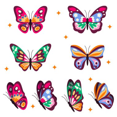 Set of 4 beautiful different butterflies. Back view and side view. Vector graphic. clipart