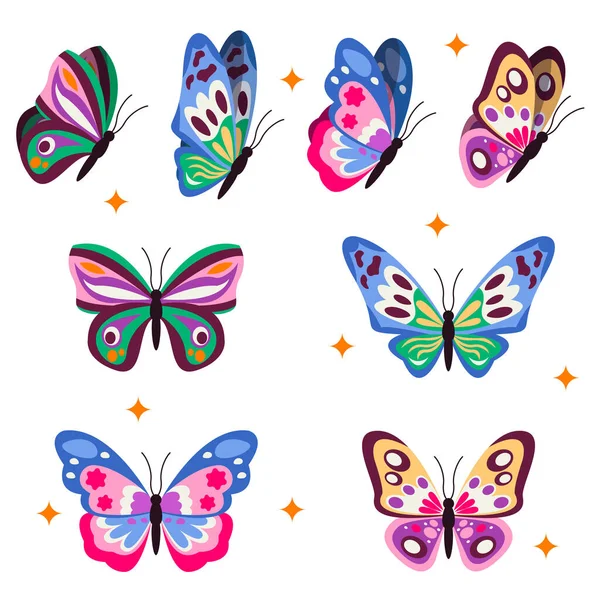 stock vector Set of 4 beautiful different butterflies. Back view and side view. Vector graphic.