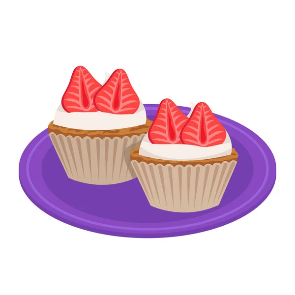 Cupcakes Mit Sahne Und Beeren Erdbeere Gefüllten Teig Gebäck Vektorgrafik — Stockvektor
