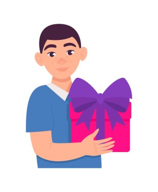 Adam elinde yay olan bir hediye kutusu tutuyor. Babalar Günü. Doğum günü. Tatil.