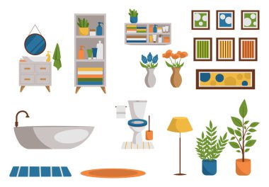 Mobilya seti ve iç malzemeler. Tuvalette. Vektör grafiği.