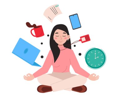 Kadın ofis çalışanı Lotus pozisyonunda oturur ve iş yerinde meditasyon yapar. İş şeyleri etrafta uçuşuyor. Vektör grafiği.
