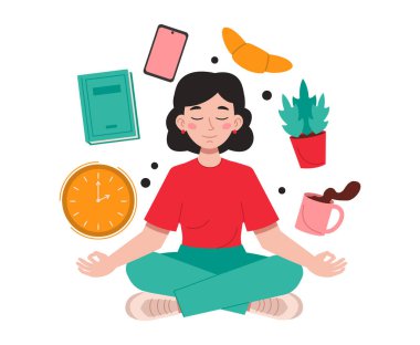 Kadın lotus pozisyonunda oturur ve meditasyon yapar. Her gün bir şeyler uçuşuyor. Vektör grafiği.