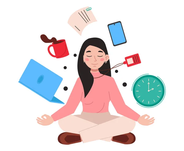 Kadın ofis çalışanı Lotus pozisyonunda oturur ve iş yerinde meditasyon yapar. İş şeyleri etrafta uçuşuyor. Vektör grafiği.
