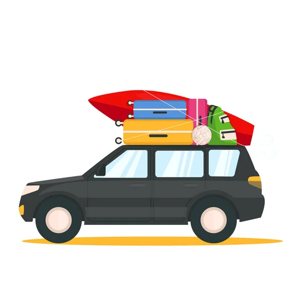 stock vector Black car with things goes on vacation. Suitcases, a surfboard, a backpack, a ball are fixed on the roof. Vector graphic.