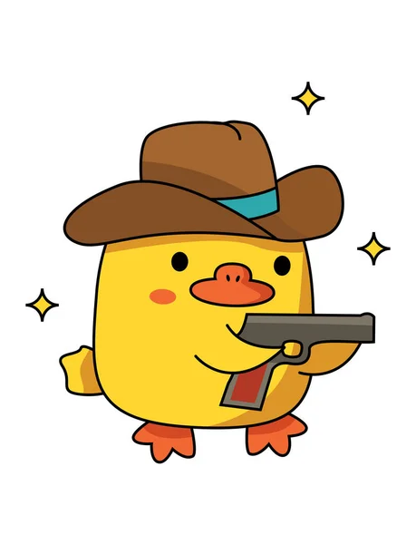 不同武器的危险可爱的鸭子 戴着牛仔帽拿着枪矢量图形 — 图库矢量图片