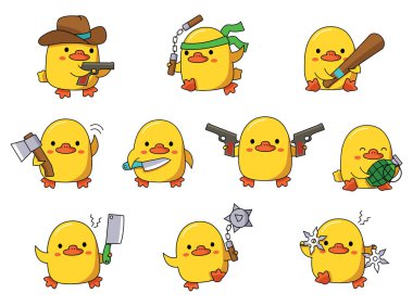 Set of illustrations with dangerous cute ducks. With different weapons. Vector graphic. clipart