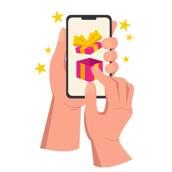 Illustration of two hands holding a phone with a gift box. Promotion, gift, prize. Vector graphic.