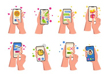 Farklı bilgilerle telefonları tutan el çizimleri. Vektör grafiği.
