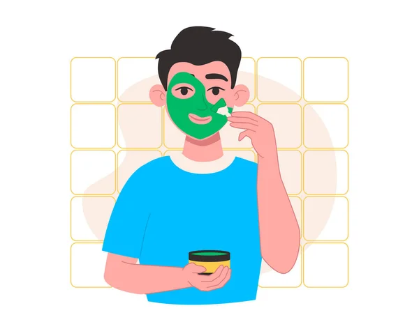 Cilt bakımı. Adam yüzüne bir fırçayla kozmetik maske takıyor. Vektör grafiği.