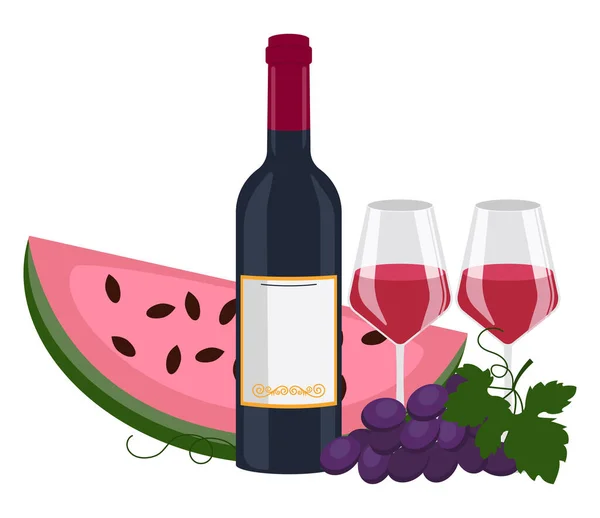 赤ワインのボトル メガネのワイン スイカとブドウ ベクトルグラフィック — ストックベクタ