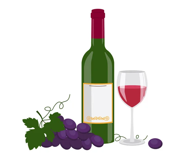 一瓶红葡萄酒 杯子里的酒 还有葡萄 矢量图形 免版税图库插图