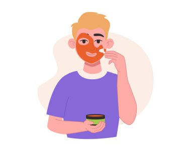 Cilt bakımı. Adam yüzüne bir fırçayla kozmetik maske takıyor. Vektör grafiği.