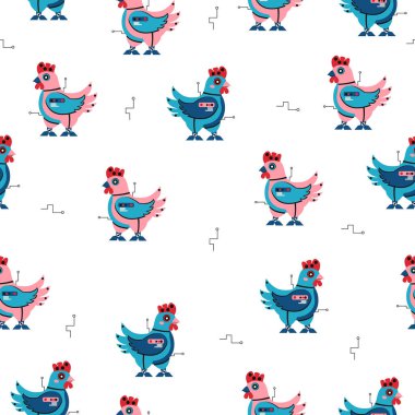 Robot tavukla kusursuz şirin desen. Vektör grafiği.