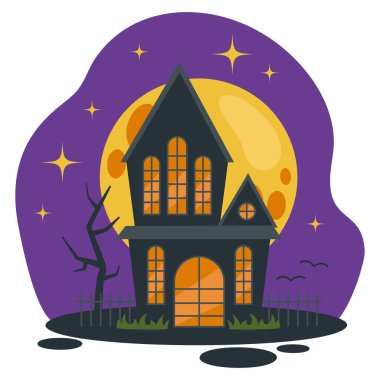 Cadılar Bayramı çizimleri. Ürkütücü eski ev, çit, kuru ağaç. Büyük ay ve yıldızlarla dolu bir arka plan. Vektör grafiği.