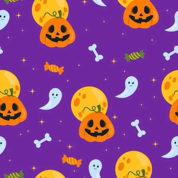 Seamless Pattern Happy Halloween Pumpkin Carved Face Candy Ghost Full — Stock Vector