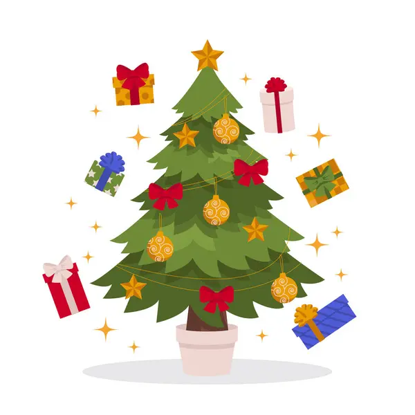 Bela Árvore Natal Pote Decorado Com Bolas Arcos Estrelas Presentes — Vetor de Stock