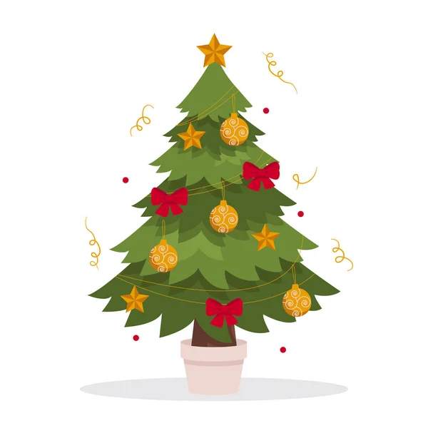ボール 星で飾られた美しいクリスマスツリー 周りにはセッティングがある ベクトルグラフィック — ストックベクタ