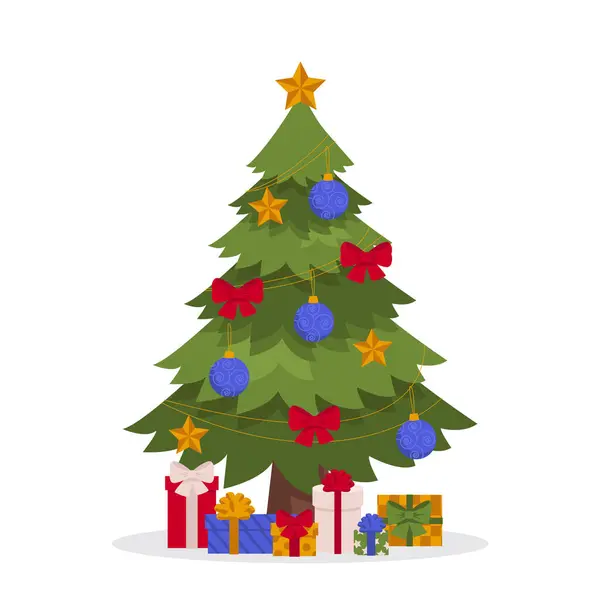 ボール 星で飾られた美しいクリスマスツリー 木の下にプレゼントがあります ベクトルグラフィック — ストックベクタ