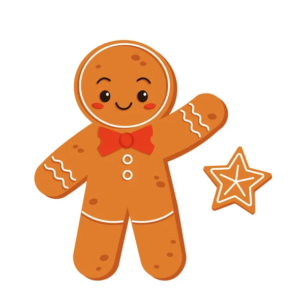 Niedliche Lebkuchenfigur Winkt Mit Der Hand Gruß Frohe Weihnachten Vektorgrafik — Stockvektor