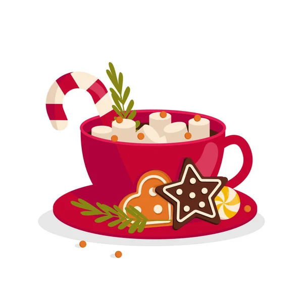 Caneca Natal Com Bebida Quente Marshmallow Bolachas Pão Gengibre Doces — Vetor de Stock