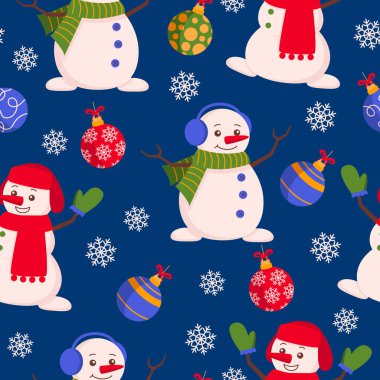 Kardan adam, Noel ağacı süslemeleri ve kar taneleri olan hoş, pürüzsüz bir desen. Kar yağıyor. Vektör grafiği.