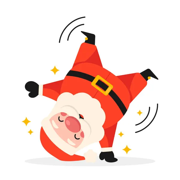 Çizgi film Noel Baba takla atar ve elleri üzerinde durur. Mutlu noeller. Vektör grafiği.