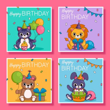 Şirin hayvanlarla dolu bir doğum günü kartı. 4 kare parça. Vektör grafiği.