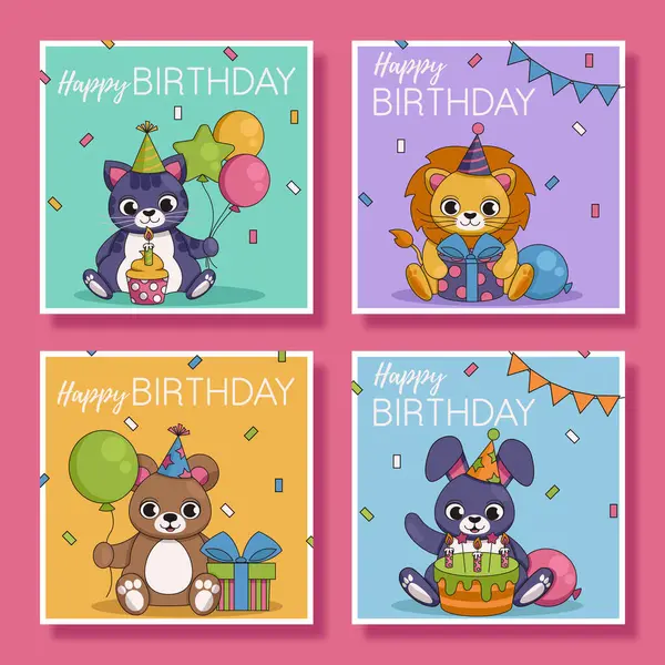 Holiday birthday cards with cute animals. 4 square pieces. Vector graphic.