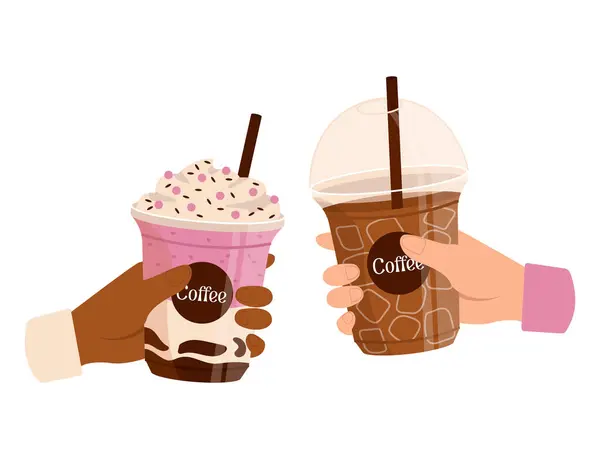 Plastik bardaklı ve soğuk içecekli iki el. Götürün. Vektör grafiği.