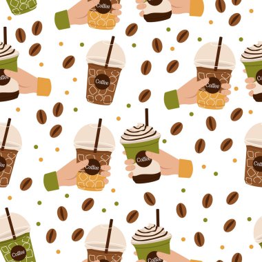 Soğuk kahveyle, matçayla ya da diğer içkilerle kusursuz desenler. Kahve çekirdeği. Vektör grafiği.