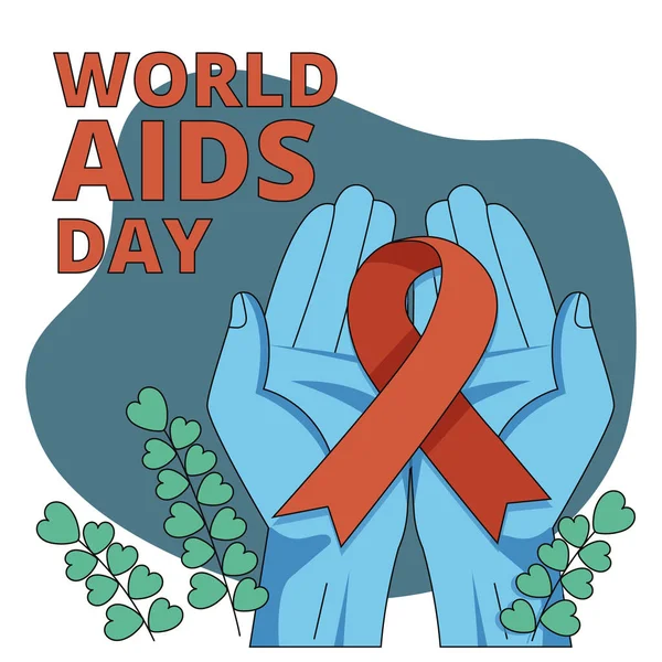 Uluslararası AIDS Günü. Kırmızı kurdele sembolü tutan elleri olan bir resim. Vektör grafiği.