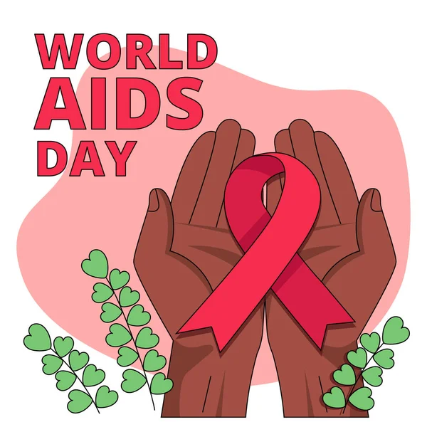 Uluslararası AIDS Günü. Kırmızı kurdele sembolü tutan elleri olan bir resim. Vektör grafiği.