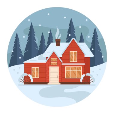 Ormandaki bir ev. Arka planda ağaçlar ve kar yağışı var. Çember şeklinde bir illüstrasyon. Vektör grafiği.