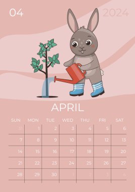 Dikey çocuklar takvimi 2024. Nisan ayıydı. Kauçuk çizmeli tavşan, sulama kutusundan genç bir ağacı sular. A5 biçimi. Vektör grafiği.