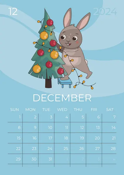Dikey çocuklar takvimi 2024. Aralık ayıydı. Tavşan tabureye çıkıp Noel ağacını toplar ve çelenkle süslüyor. A5 biçimi. Vektör grafiği.