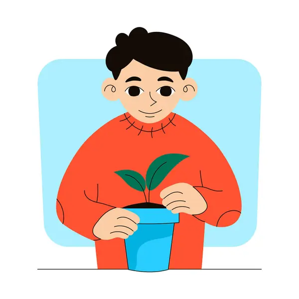 Bahçıvanlık. Adam tencereye filizlenir. Vektör grafiği.