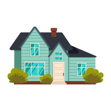 Yeşil çalıları olan bir apartman. Yaz ya da bahar sezonu. Vektör grafiği.