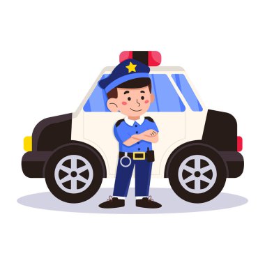Açık tenli, iş üniformalı erkek polis memuru polis arabasının önünde duruyor. Vektör grafiği.