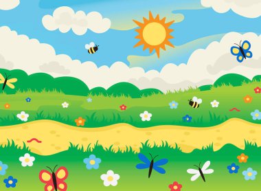 Güzel yaz havası. Çiçekler ve otlarla dolu bir çayır. Gökyüzünde parlak güneş. Birçok farklı böcek: kelebekler, arılar, yusufçuklar, tırtıllar. Vektör grafikleri.