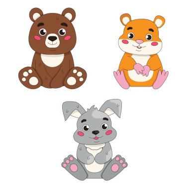 Bir dizi şirin çizgi film hayvanı. Ayı, hamster ve tavşan. Vektör grafikleri.