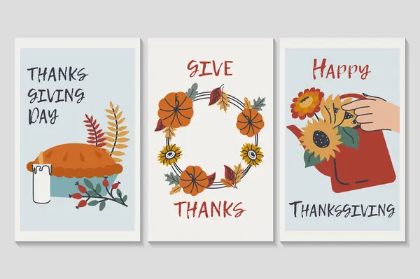 Šťastný Den Díkůvzdání Sada Plakátů Plochém Kresleném Designu Třech Plakátech Royalty Free Stock Ilustrace