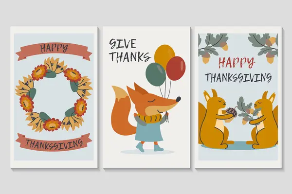 Šťastný Den Díkůvzdání Sada Plakátů Plochém Kresleném Designu Tři Plakáty Vektorová Grafika