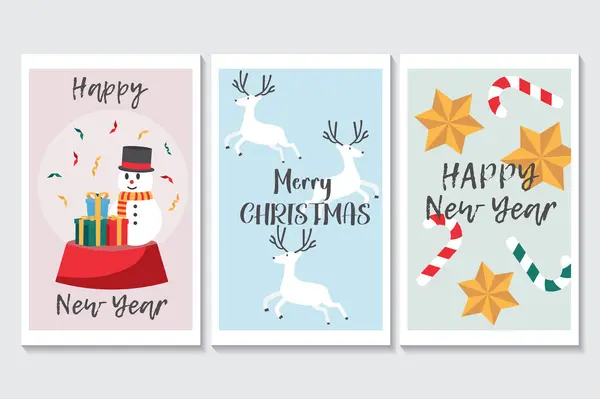 Šťastný Nový Rok Soubor Plakátů Plochém Kresleném Designu Tříplakátová Ilustrace Stock Ilustrace