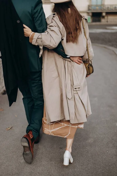 Couple Love Walks Streets Paris Guy Coat Suit Girl Dress — Stock Photo, Image