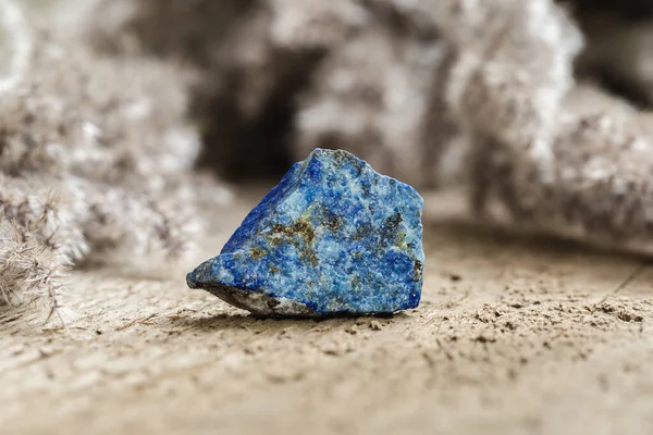 Piece Raw Uncut Blue Lazurite Mineral Stone Specimen Wooden Background —  Fotos de Stock