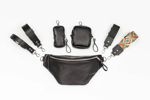 Black Genuine Leather Banana Fanny Pack Four Kinds Attacable Straps — стокове фото