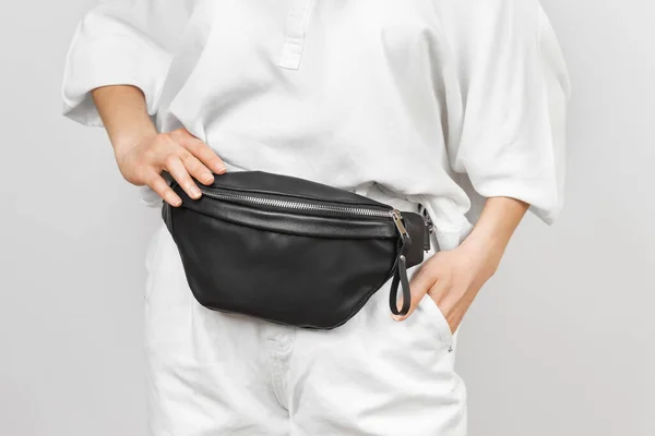 Black Leather Waist Bag on a Woman Wearing White Jeans and Shirt. Handmade Leather Accessories Goods